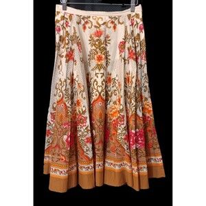Coldwater Creek Ivory Pink Peach Olive Brown Floral Cotton Full Midi Skirt, PS